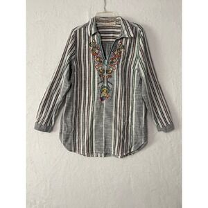Soft Surroundings Womens Small Striped Embroidered Cotton Tunic Top Grey
